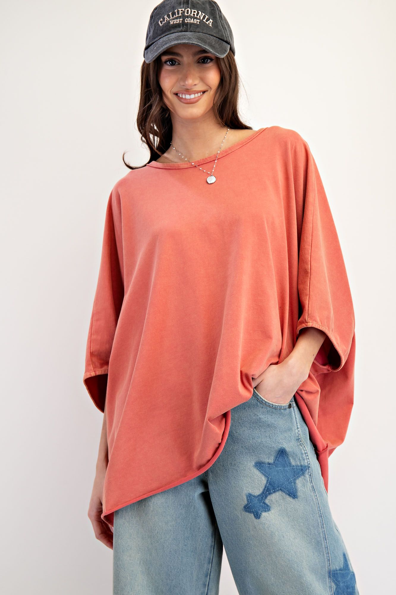 Easel Plus Size Rayon Knit Mineral Washed Tunic, Party Punch